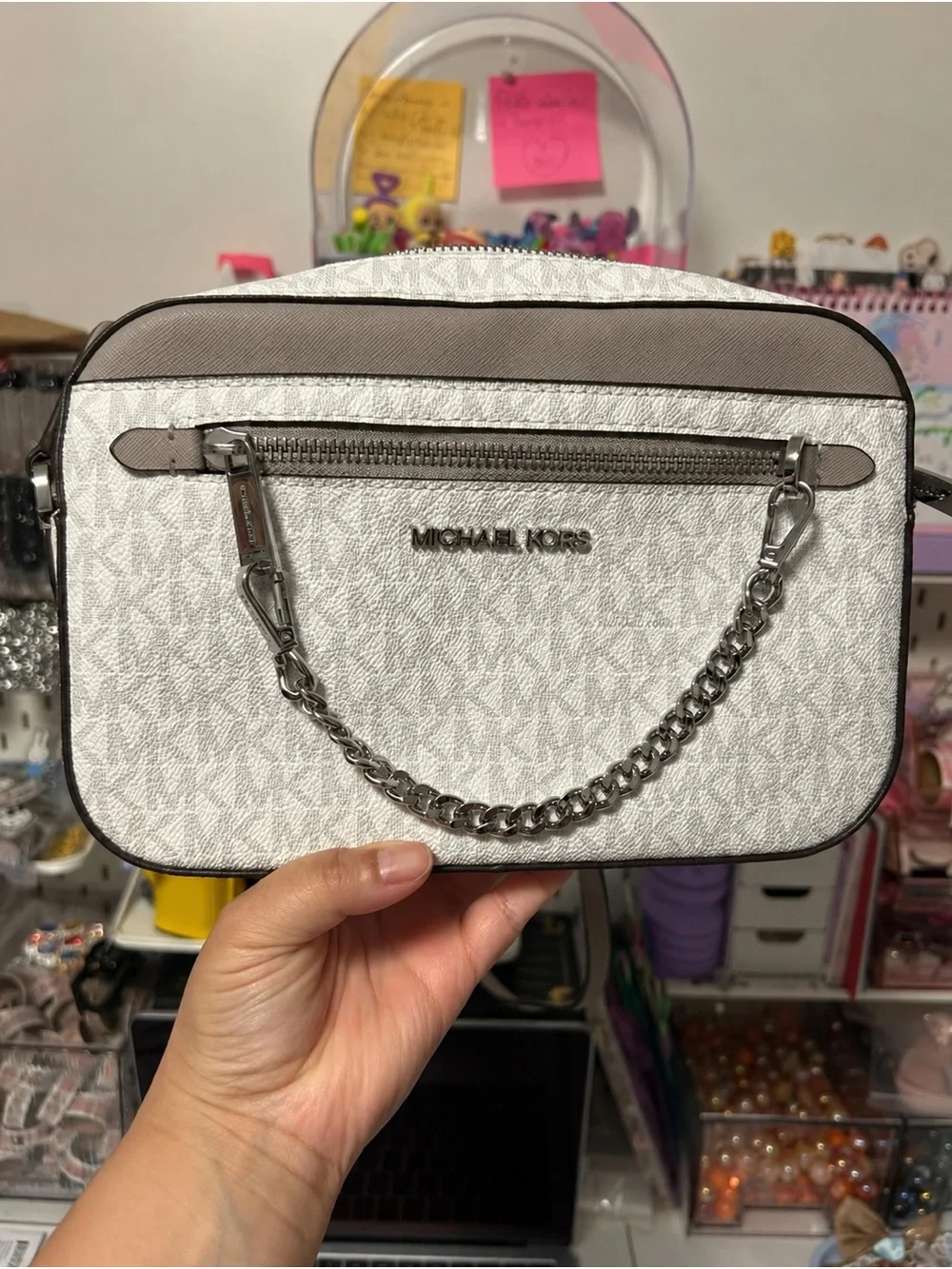 Michael Kors White and Taupe Logo Chain Handle Crossbody